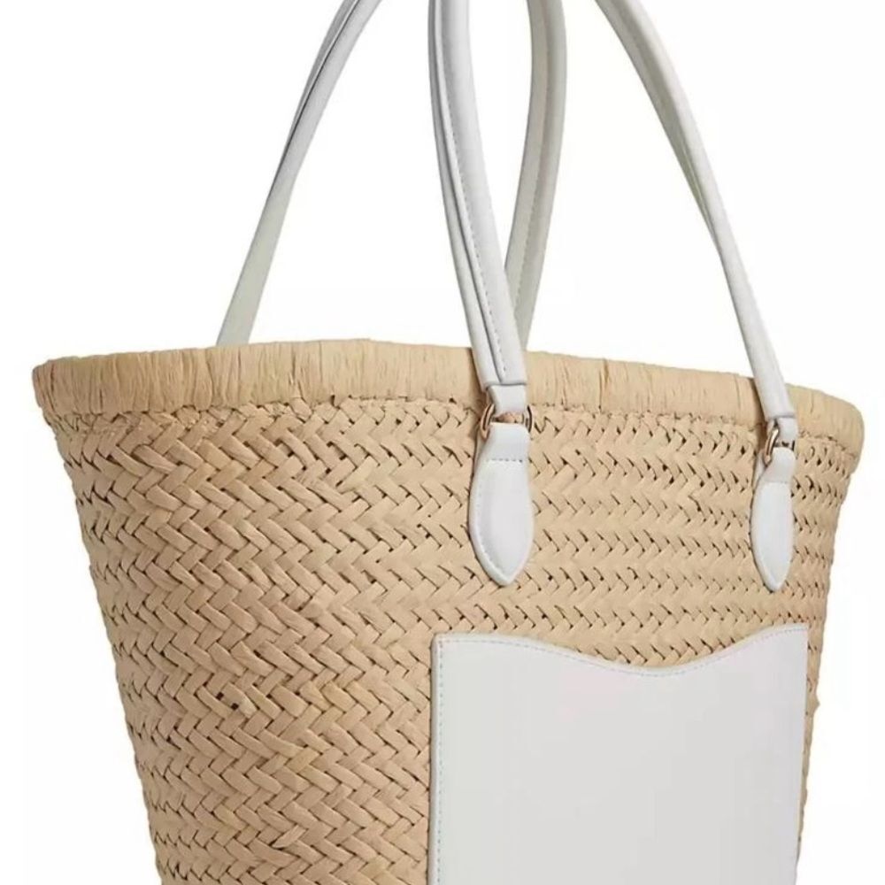 Tan and White Summer Tote Bag with Leather Accents